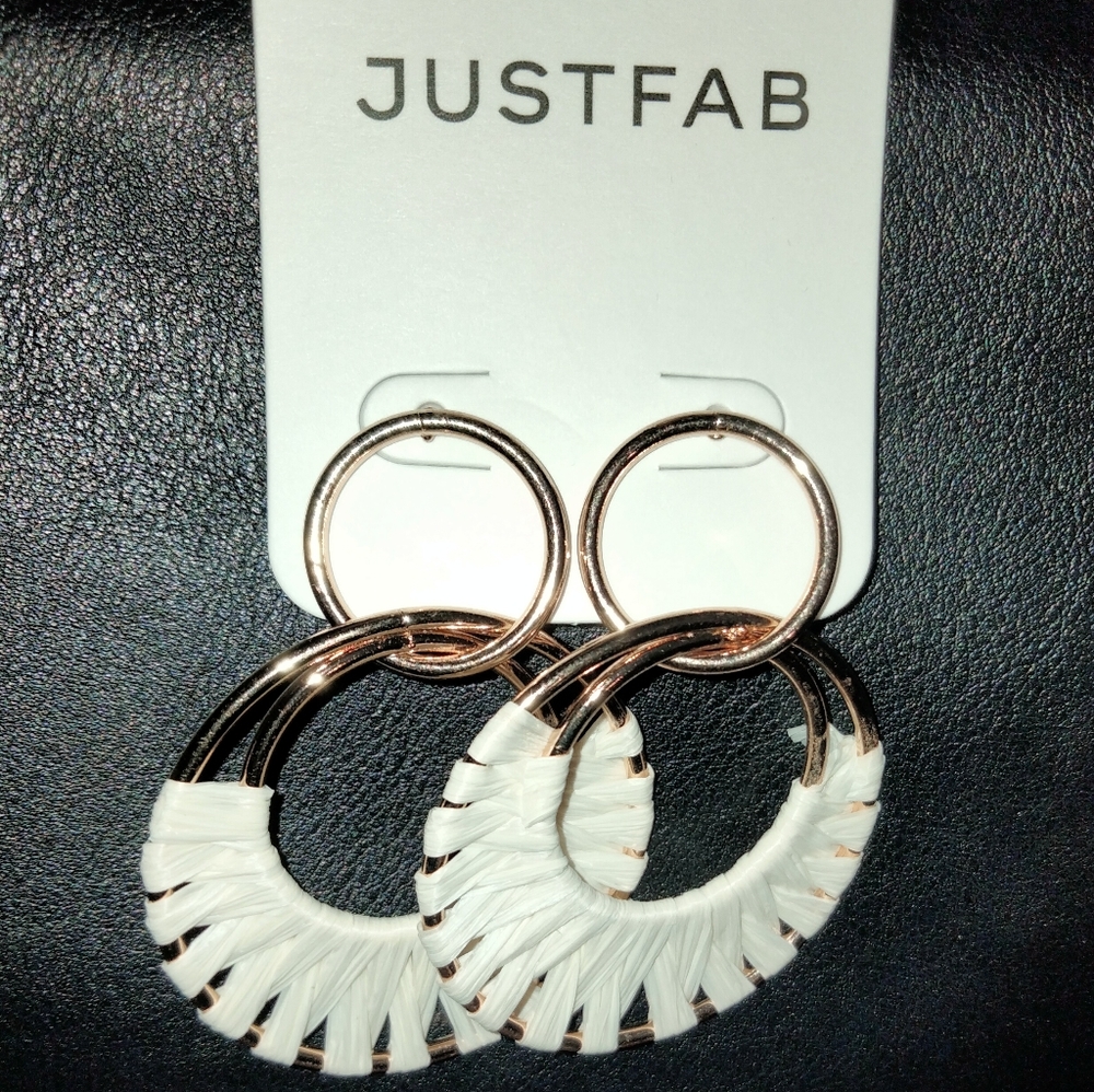 3/$15 Aliza Rafia hoop drop pierced earrings, cream/gold tone by Just Fab.